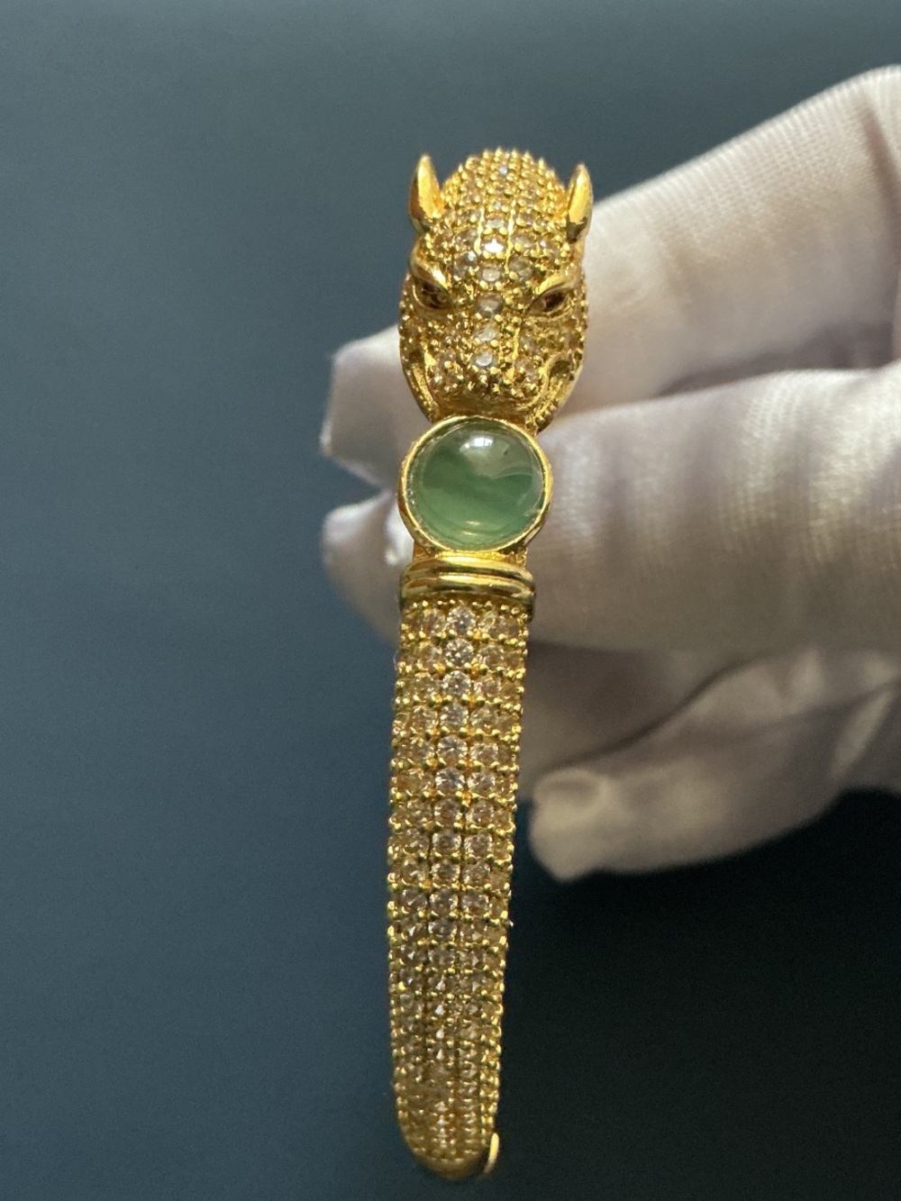 Gold-Tone Leopard Head Bracelet with Green Jade Cabochon